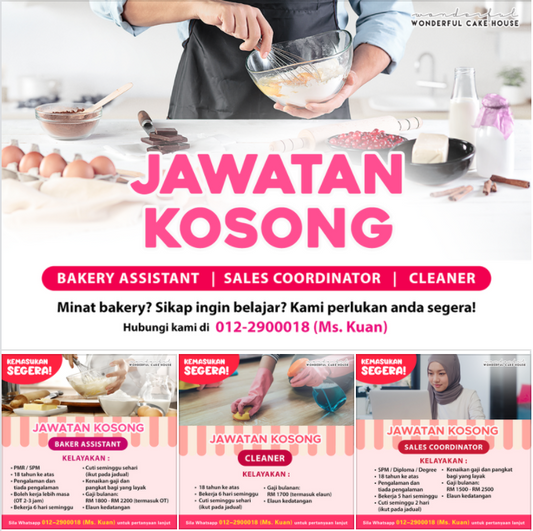 Cari Kerja? Kami ingin berikan anda peluang kerjaya! Sertai team Wonderful Cake House hari ini sebagai Bakery Assistant, Sales Coordinator atau Cleaner. Sama ada anda berpengalaman atau tidak, yang paling penting, anda bersikap positif & ingin belajar 💪